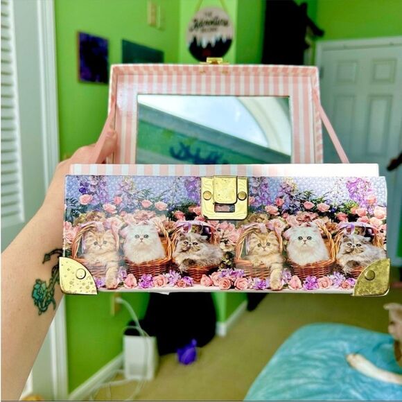Vintage Kittens In Baskets Cute Storage Organization Floral Mirror Box Art - Picture 5 of 12